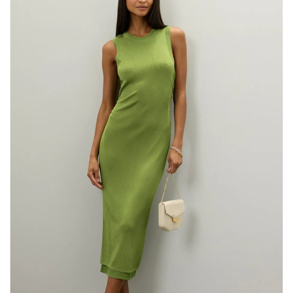 Chartreuse Knit Midi Tank Dress SMALL Bodycon Silky Ruched Designer $445 - Picture 1 of 10